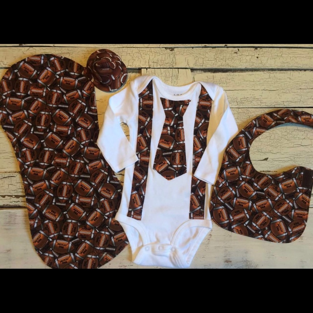 Boutique Football Tie Onesie, Bib, Burp Cloth Set